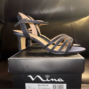 NINA Nelena - Women's Sparkling Dress Sandals with Crystal  Size 7W Navy Color